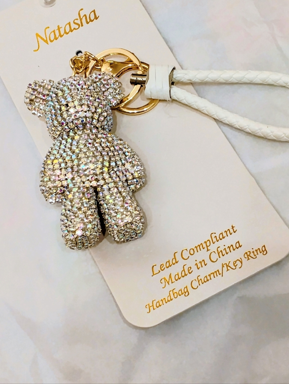 Natasha Crystal Teddy Bear Keychain - White & Iridescent